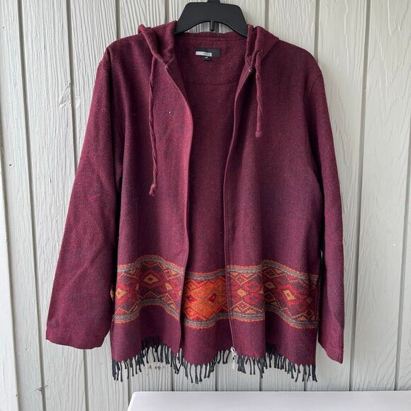 CECIL Burgundy Hooded Fringe Jacket Southwestern Geometric Boho M - Picture 3 of 10